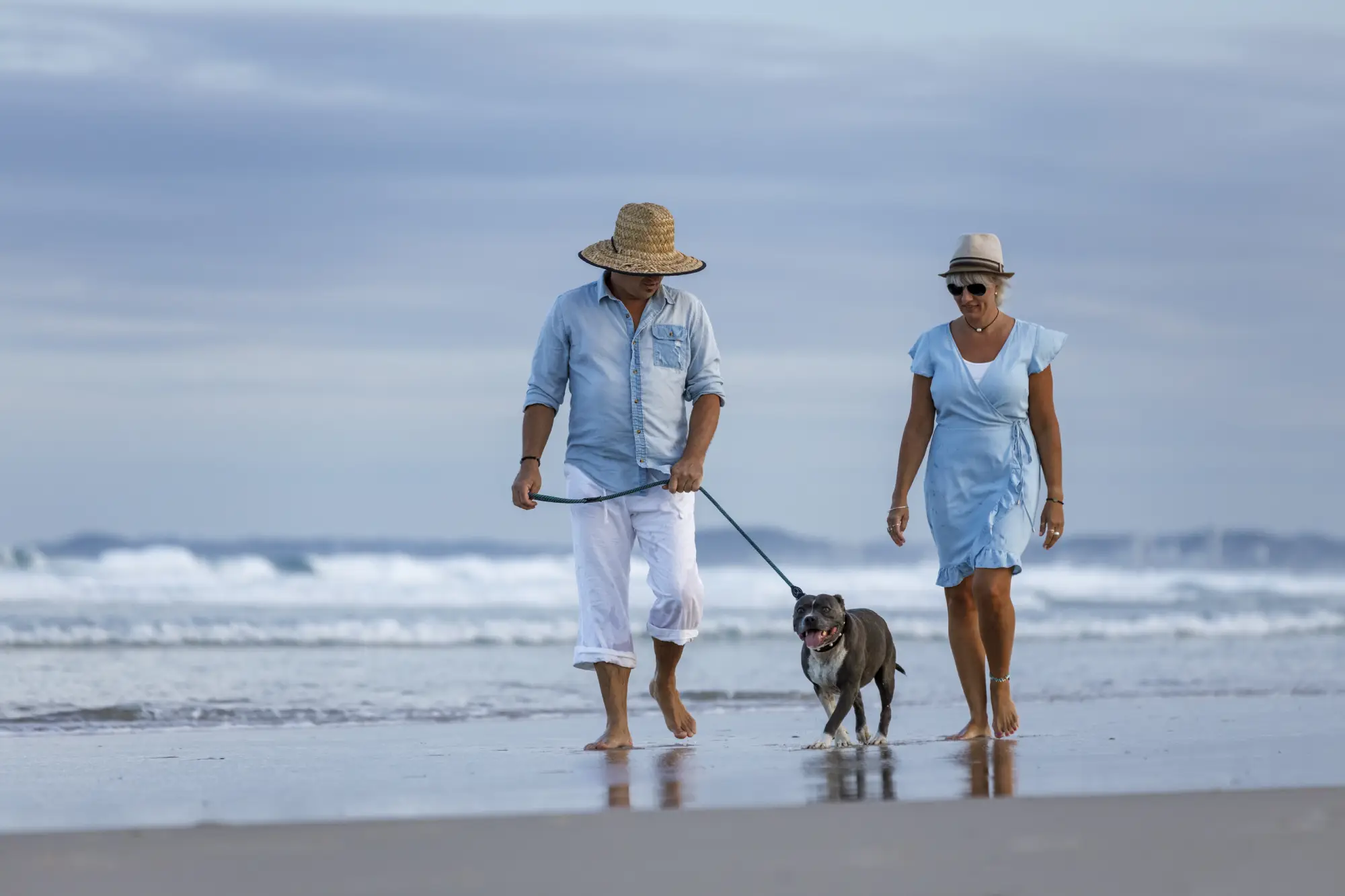 Beautiful shot couple beach with blue english stafford dog