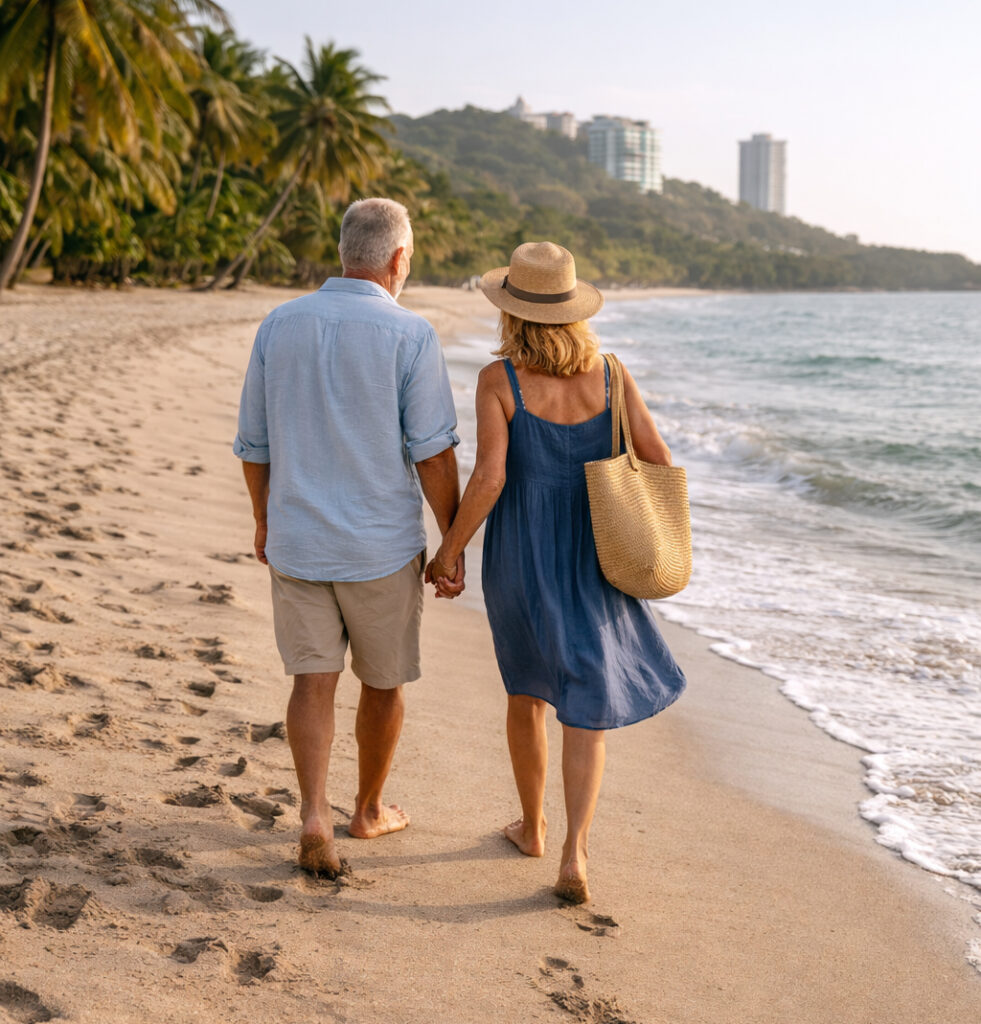 Retired couple walking along Coronado Beach in Panama enjoying a peaceful seaside lifestyle.