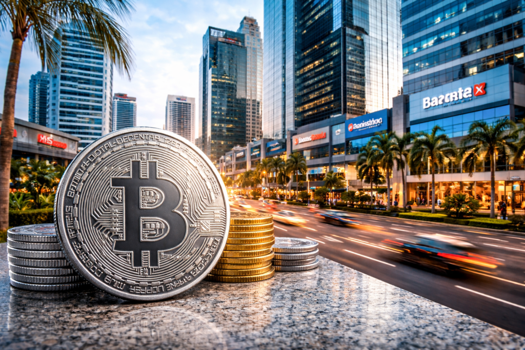 Silver Bitcoin in Panama City financial district on Calle 50 with major banks and skyline