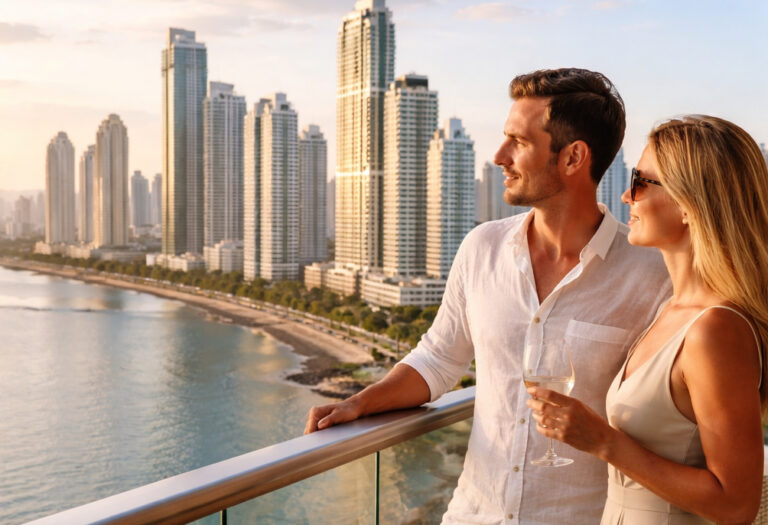 Panama investor residency lifestyle with couple overlooking Panama City skyline from luxury balcony
