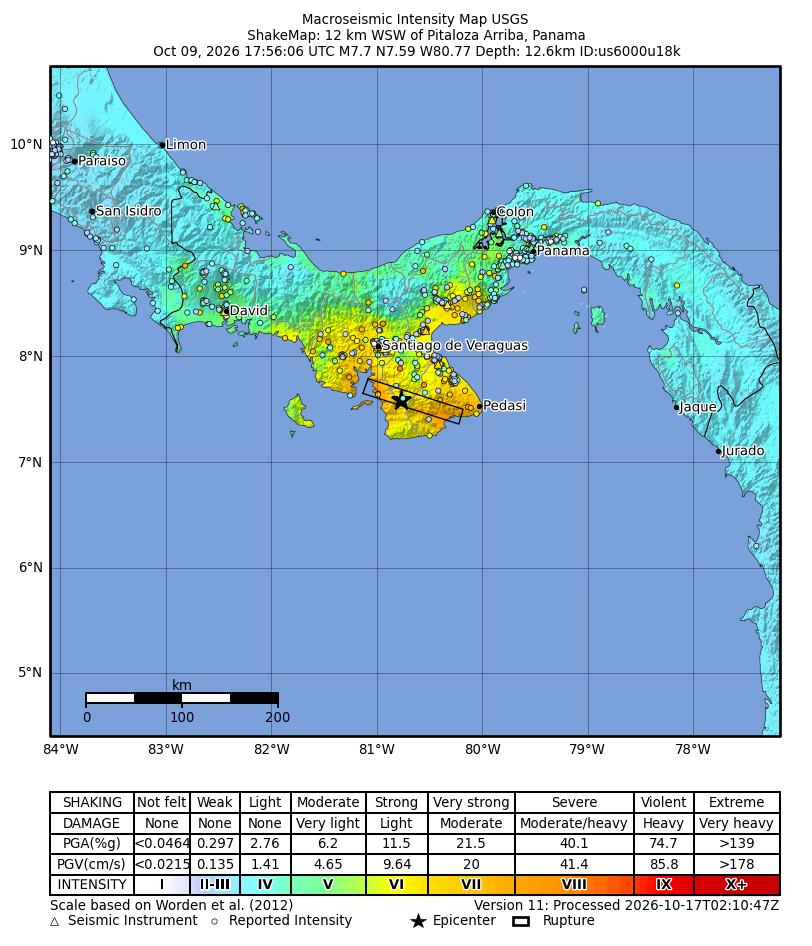 USGS ShakeMap of the October 9, 2026 Panama earthquake showing the strongest shaking near the epicenter in the Azuero region and light to moderate shaking in Panama City